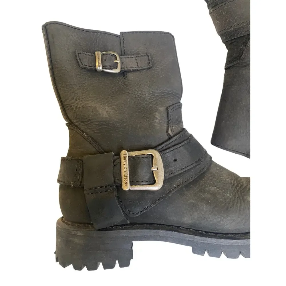 Harley Scarlet Black Mid-Calf Leather Harness Zip Boot EUC Sz 6.5 Square Heel - Picture 2 of 10